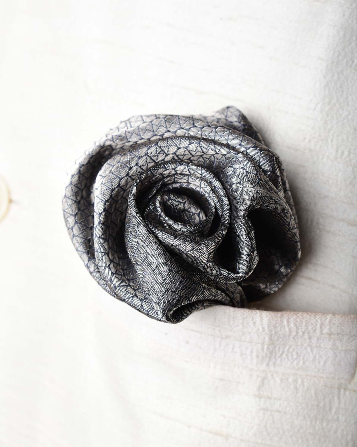 Metallic Gray Silver Zari Brocade Handwoven Silk Pocket Square for Men with Spiral Hand-Hemming-HolyWeaves