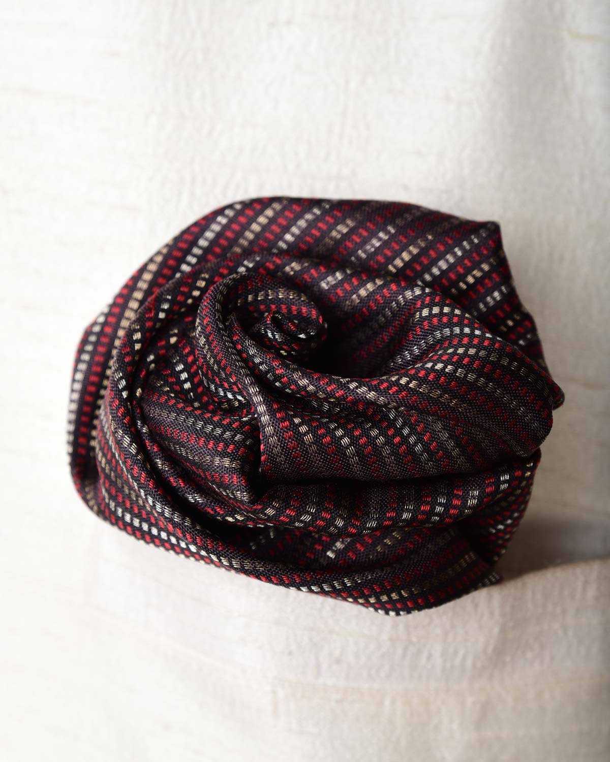 Black Maroon & Silver Dotted Stripes Brocade Handwoven Silk Pocket Square for Men with Spiral Hand-Hemming-HolyWeaves