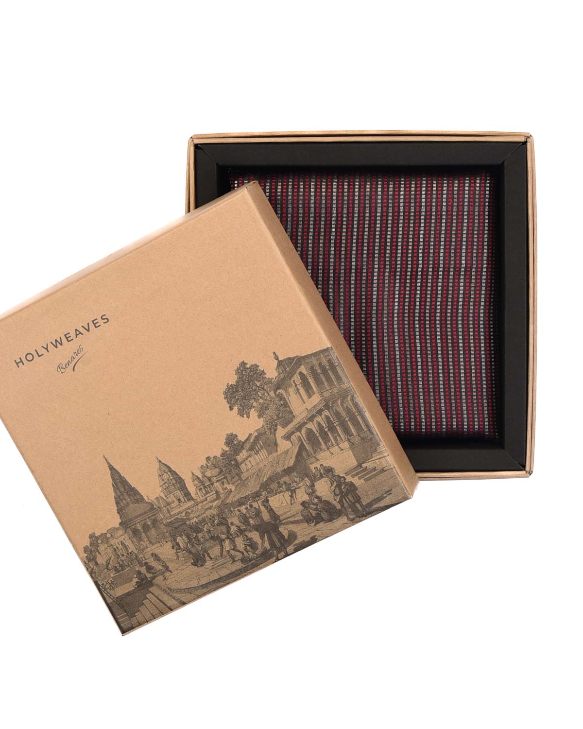 Black Maroon & Silver Dotted Stripes Brocade Handwoven Silk Pocket Square for Men with Spiral Hand-Hemming-HolyWeaves