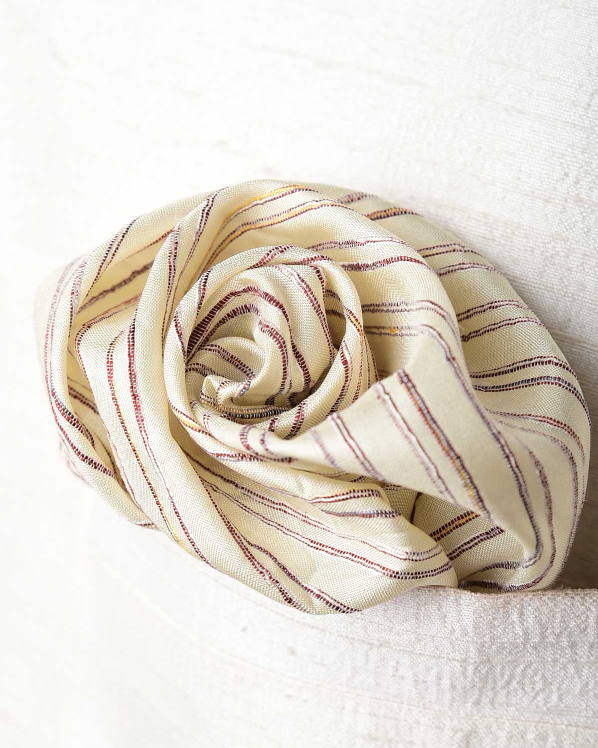 Cream Textured Stripes Brocade Handwoven Silk Pocket Square for Men with Spiral Hand-Hemming-HolyWeaves