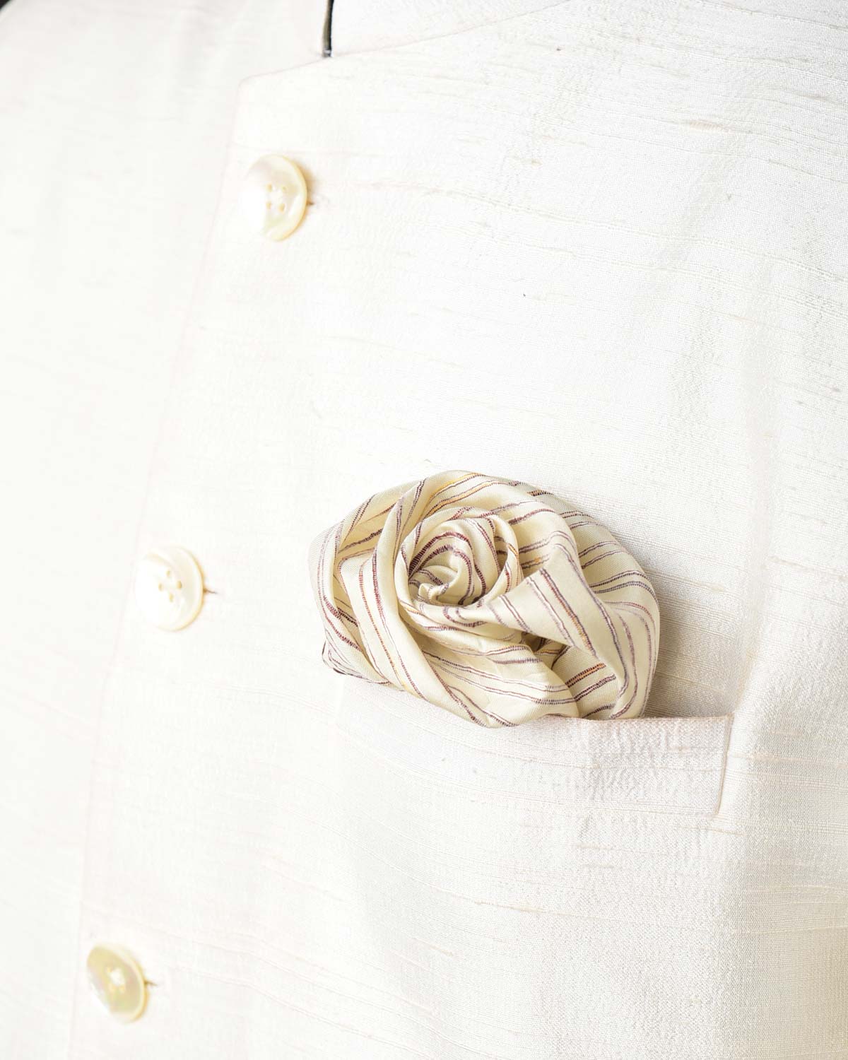 Cream Textured Stripes Brocade Handwoven Silk Pocket Square for Men with Spiral Hand-Hemming-HolyWeaves