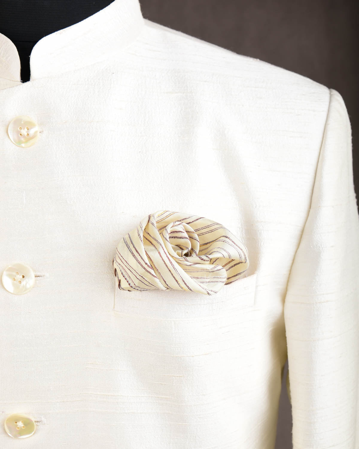 Cream Textured Stripes Brocade Handwoven Silk Pocket Square for Men with Spiral Hand-Hemming-HolyWeaves