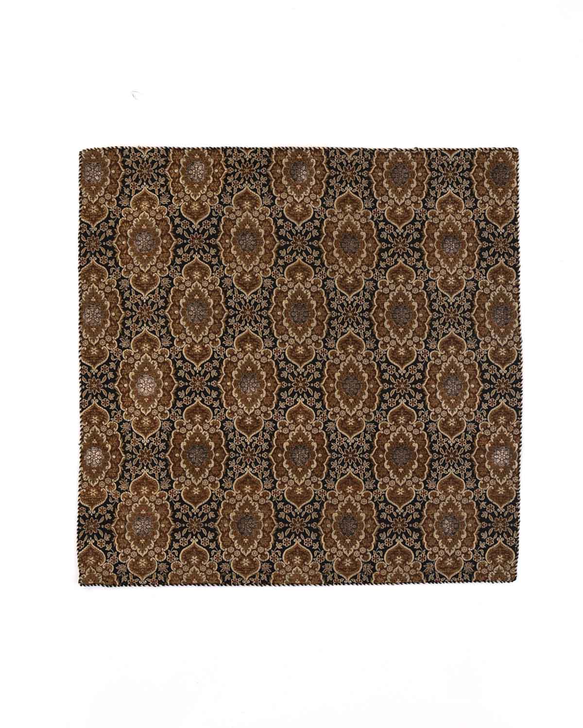 Black Damask Brocade Handwoven Silk Pocket Square for Men with Spiral Hand-Hemming-HolyWeaves