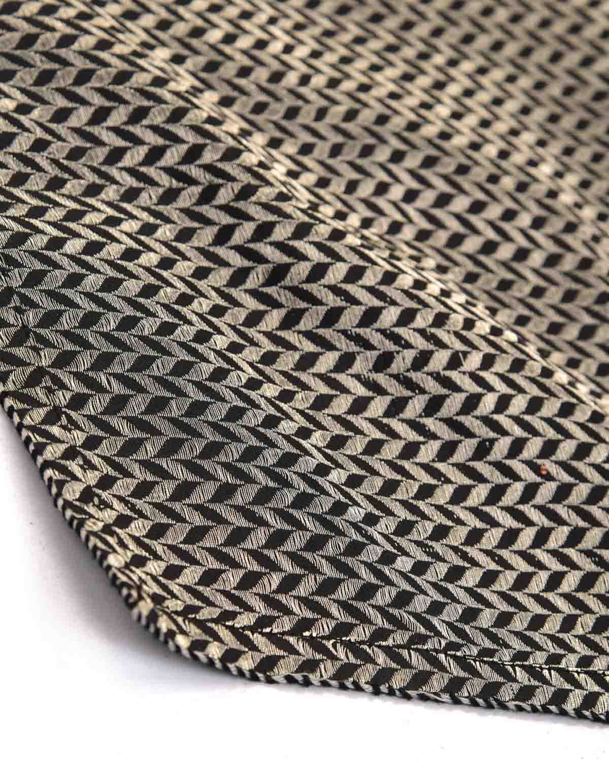 Silver On Black Zari Herringbone Brocade Handwoven Silk Pocket Square for Men with Spiral Hand-Hemming-HolyWeaves