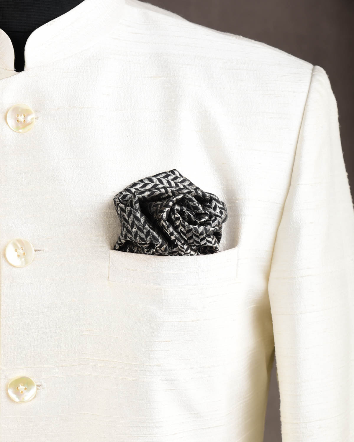 Silver On Black Zari Herringbone Brocade Handwoven Silk Pocket Square for Men with Spiral Hand-Hemming-HolyWeaves