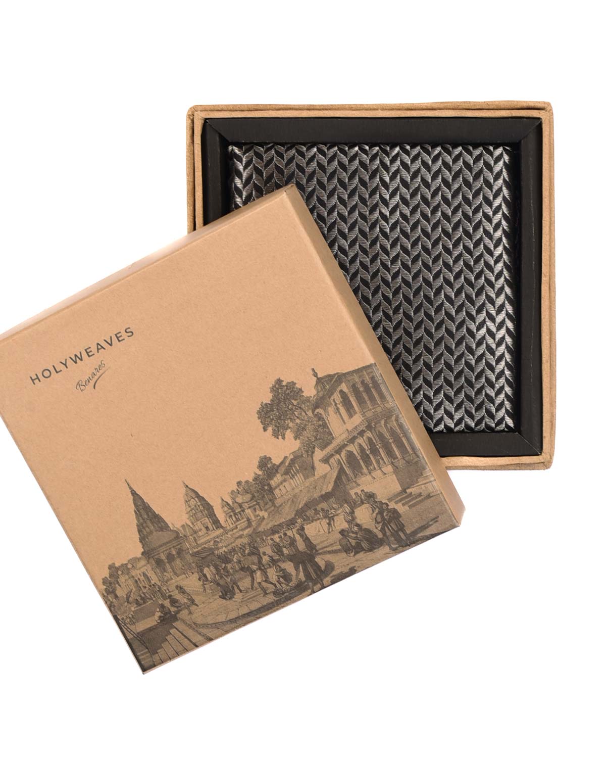 Silver On Black Zari Herringbone Brocade Handwoven Silk Pocket Square for Men with Spiral Hand-Hemming-HolyWeaves