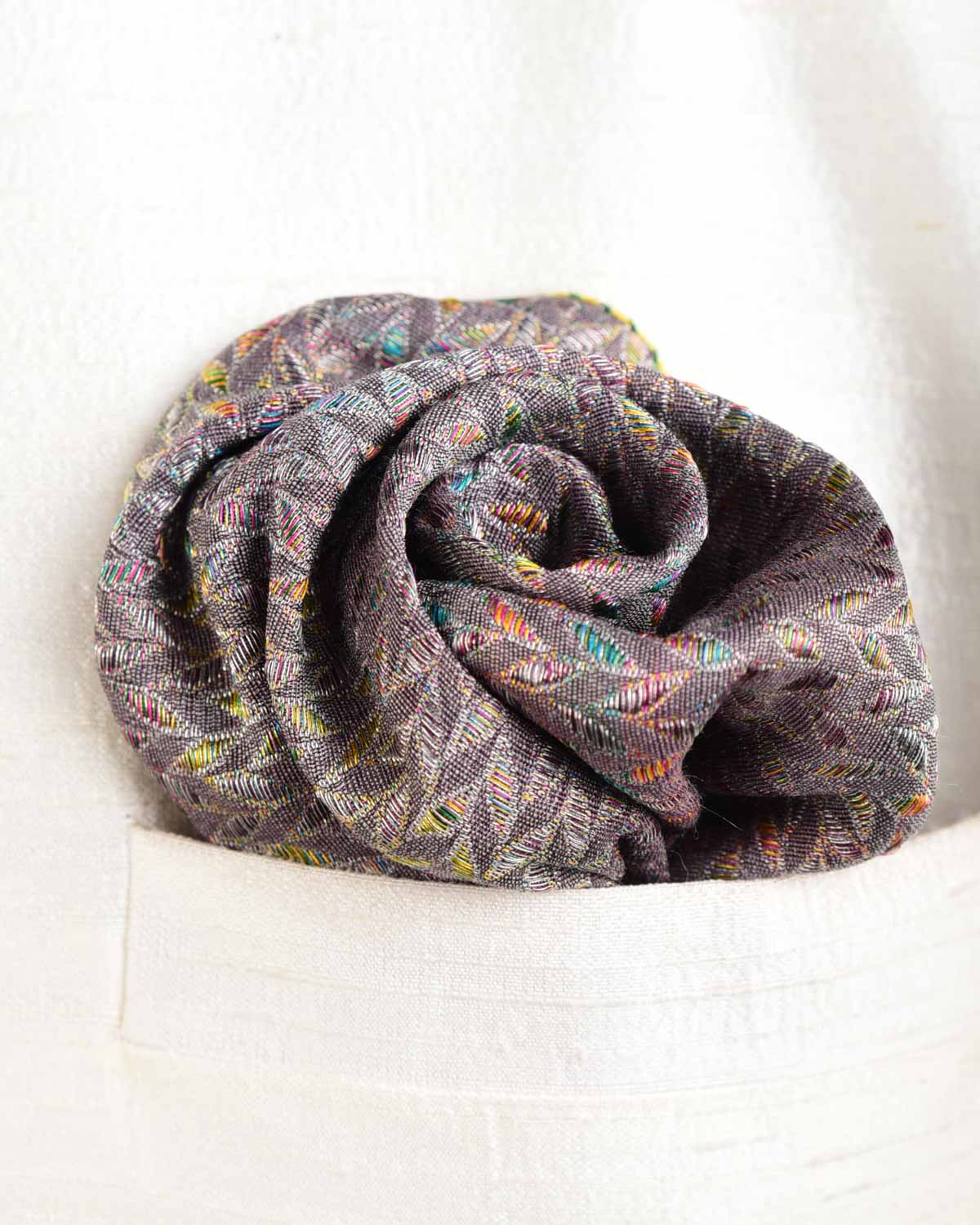 Rainbow Gray Variegated Zari Herringbone Brocade Handwoven Silk Pocket Square for Men with Spiral Hand-Hemming-HolyWeaves