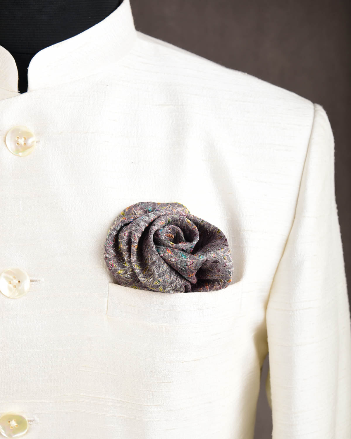 Rainbow Gray Variegated Zari Herringbone Brocade Handwoven Silk Pocket Square for Men with Spiral Hand-Hemming-HolyWeaves