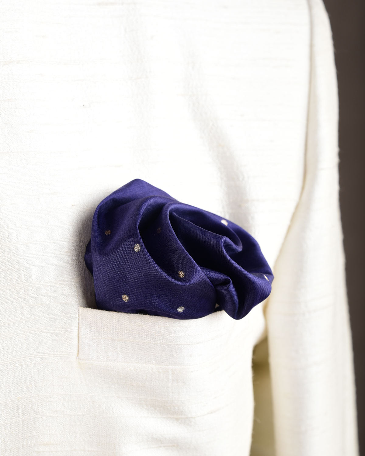 Navy Blue Gold & Silver Zari Polka Dots Brocade Handwoven Silk Pocket Square for Men with Scallop Hand-Hemming-HolyWeaves