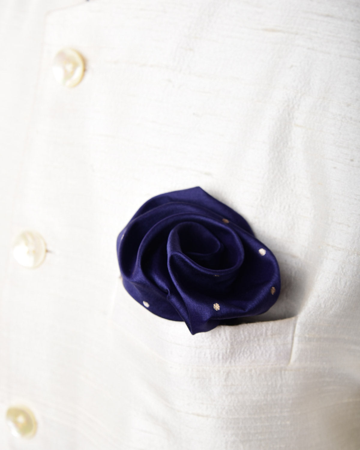 Navy Blue Gold & Silver Zari Polka Dots Brocade Handwoven Silk Pocket Square for Men with Scallop Hand-Hemming-HolyWeaves