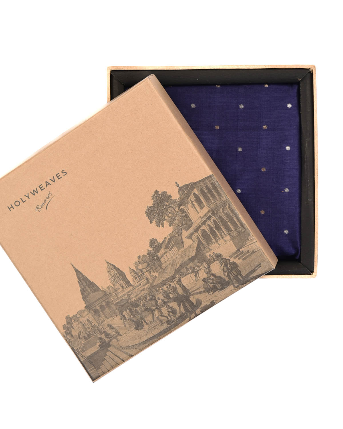 Navy Blue Gold & Silver Zari Polka Dots Brocade Handwoven Silk Pocket Square for Men with Scallop Hand-Hemming-HolyWeaves