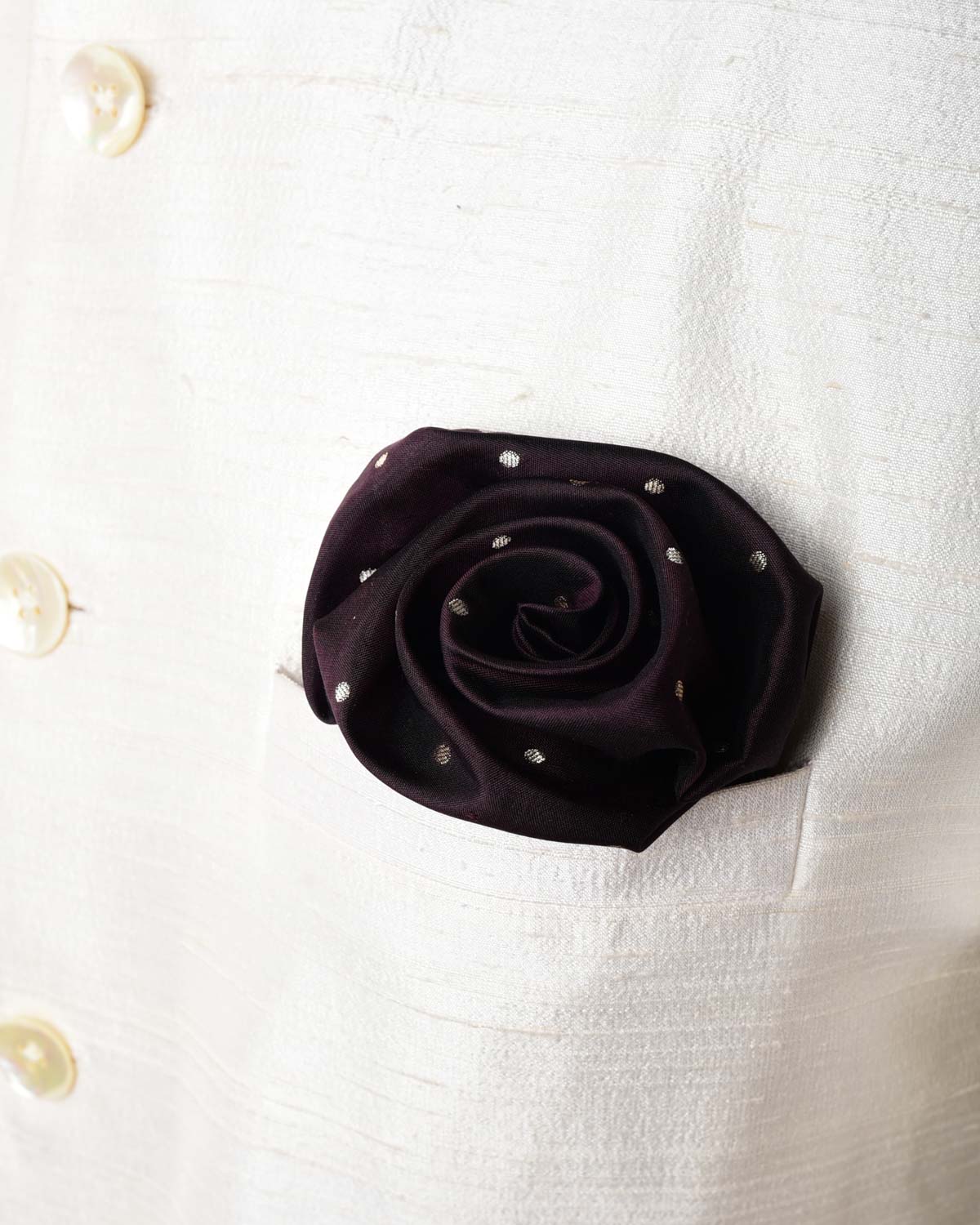 Chocolate Brown Zari Polka Dots Brocade Handwoven Silk Pocket Square for Men with Scallop Hand-Hemming-HolyWeaves