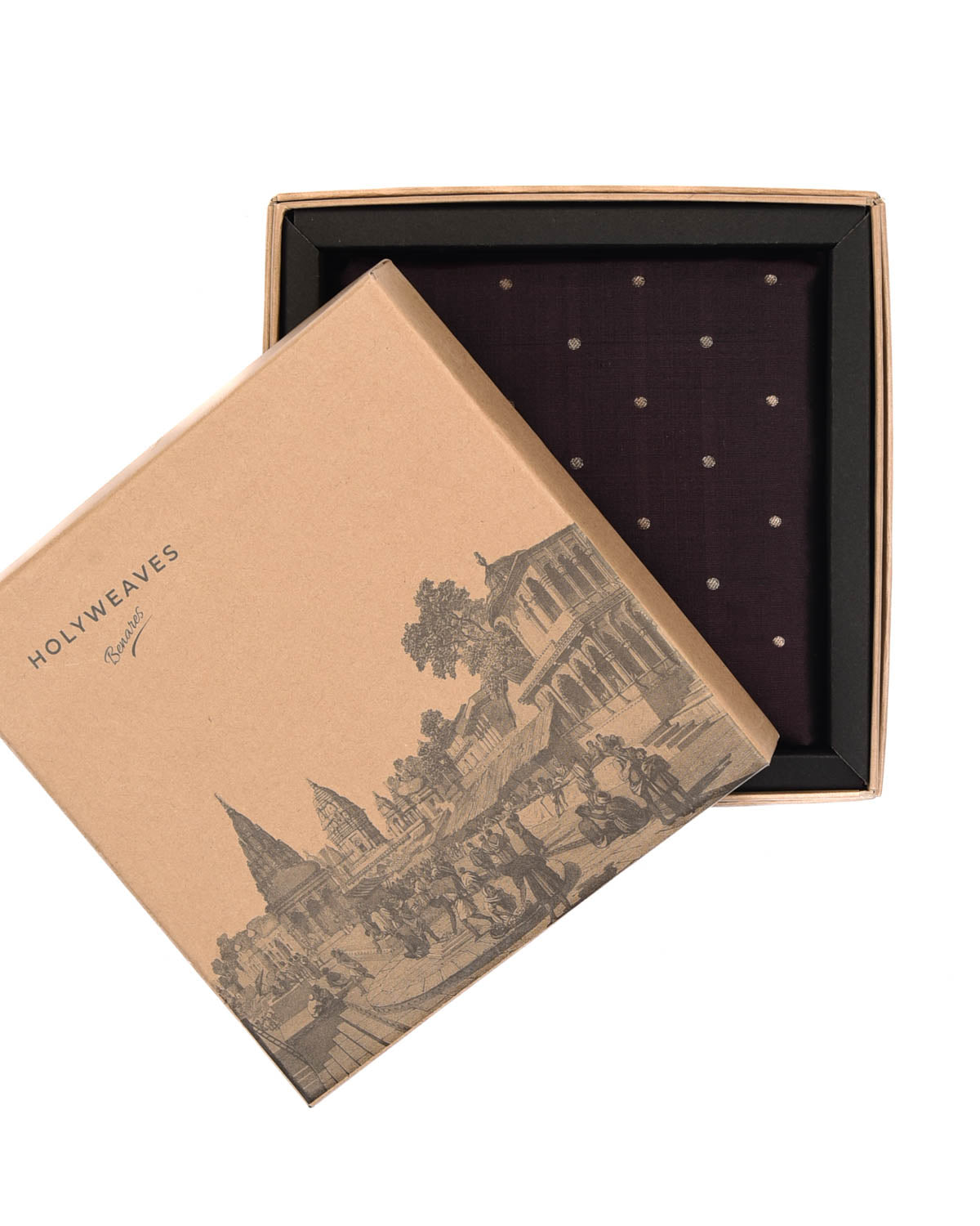 Chocolate Brown Zari Polka Dots Brocade Handwoven Silk Pocket Square for Men with Scallop Hand-Hemming-HolyWeaves