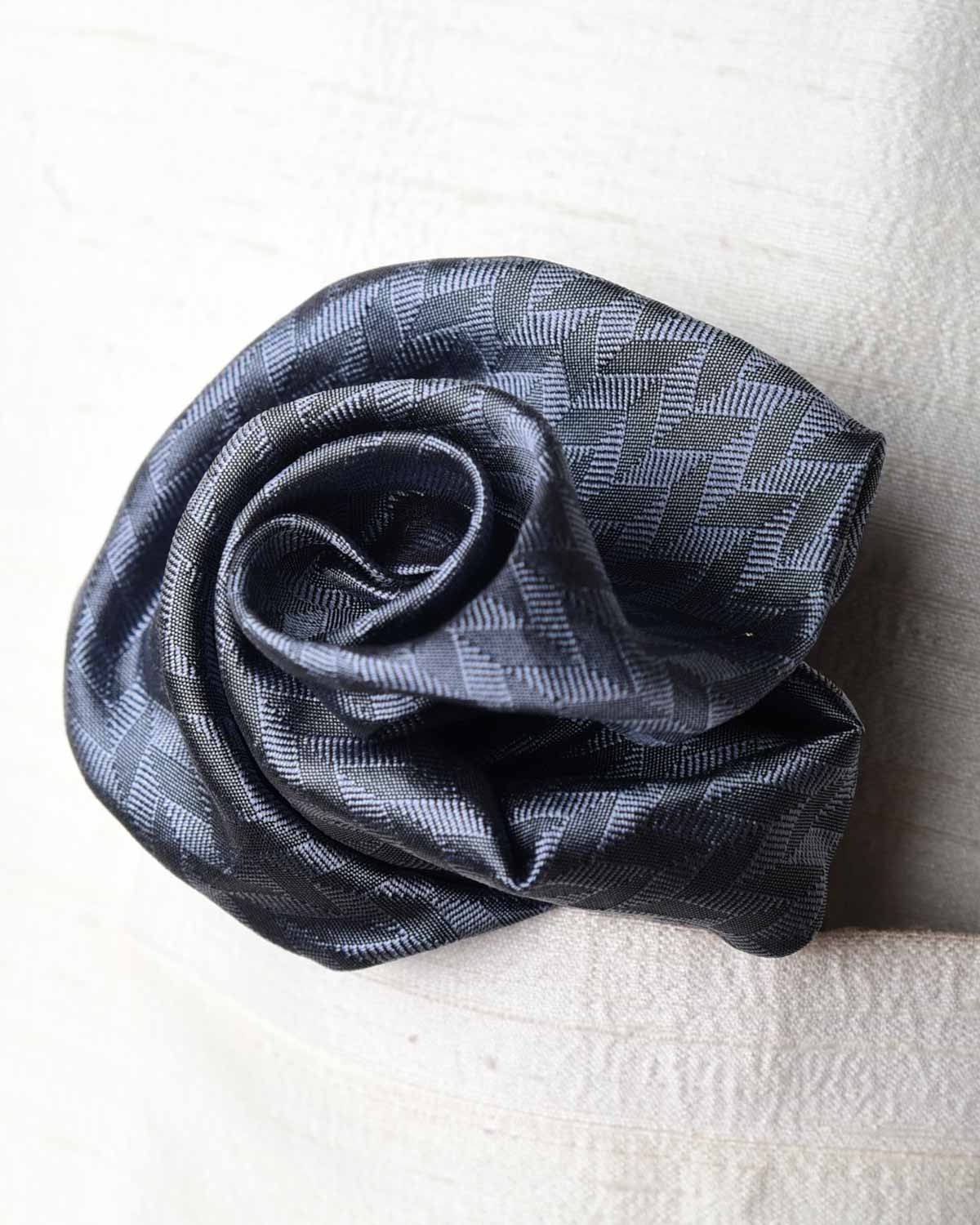 Gray Herring Bone Tanchoi Handwoven Silk Pocket Square for Men with Spiral Hand-Hemming-HolyWeaves