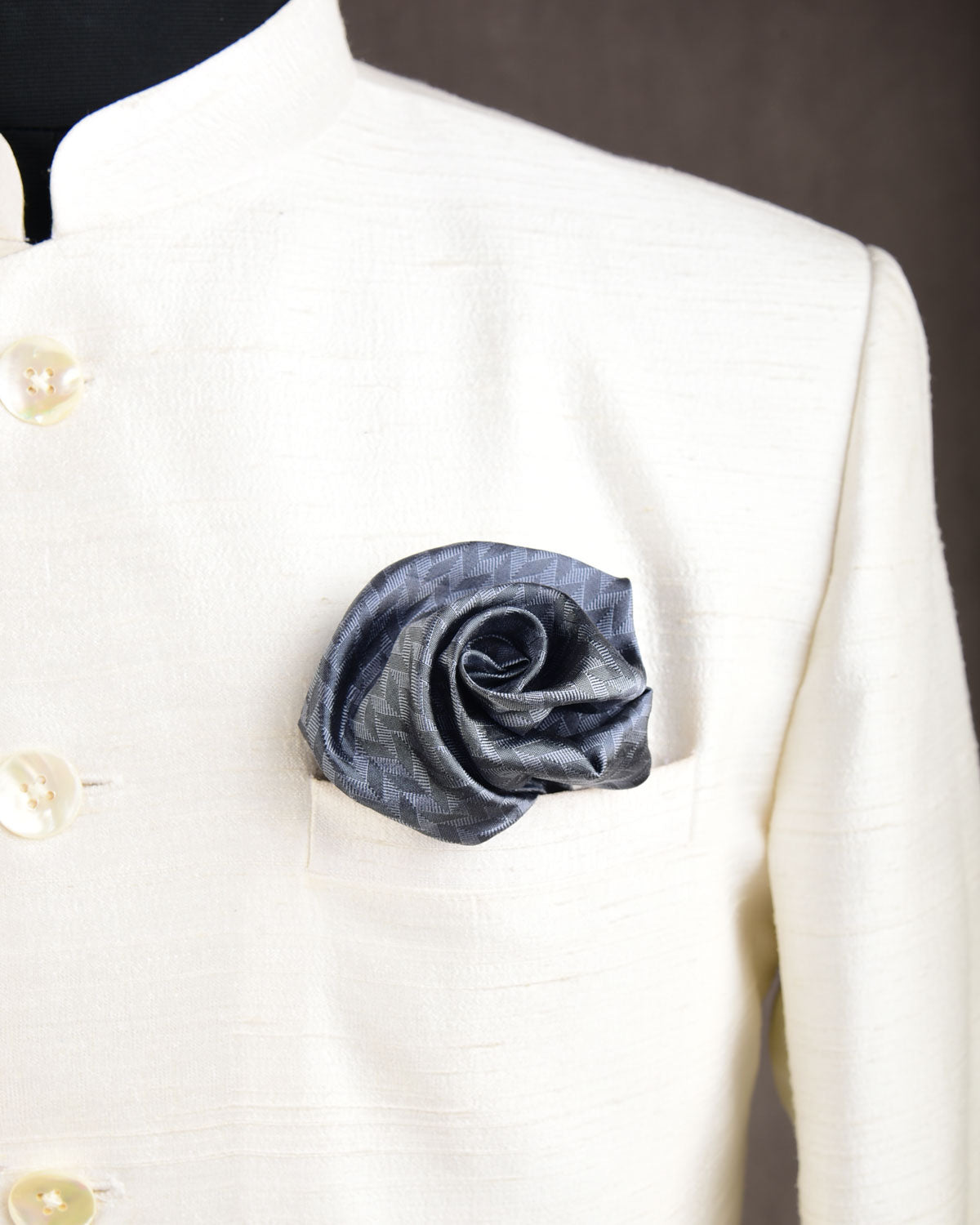 Gray Herring Bone Tanchoi Handwoven Silk Pocket Square for Men with Spiral Hand-Hemming-HolyWeaves