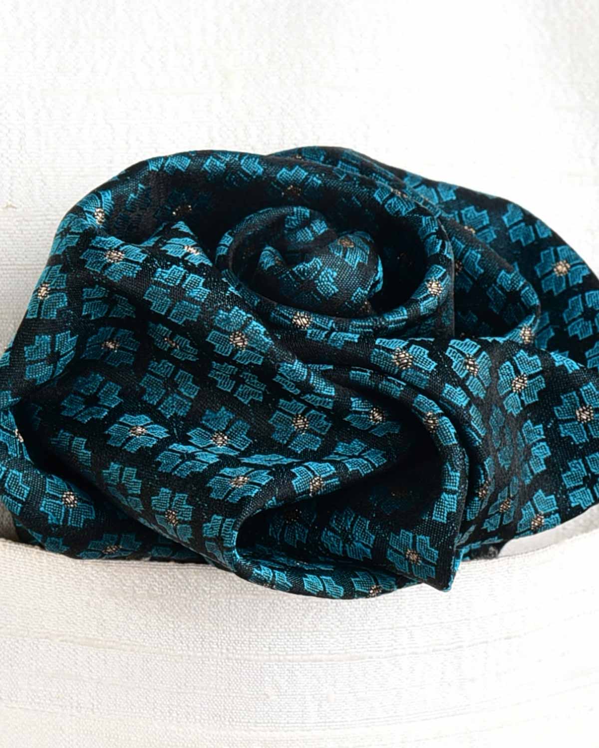 Green On Black Gold Zari Tanchoi Brocade Handwoven Silk Pocket Square for Men with Spiral Hand-Hemming-HolyWeaves