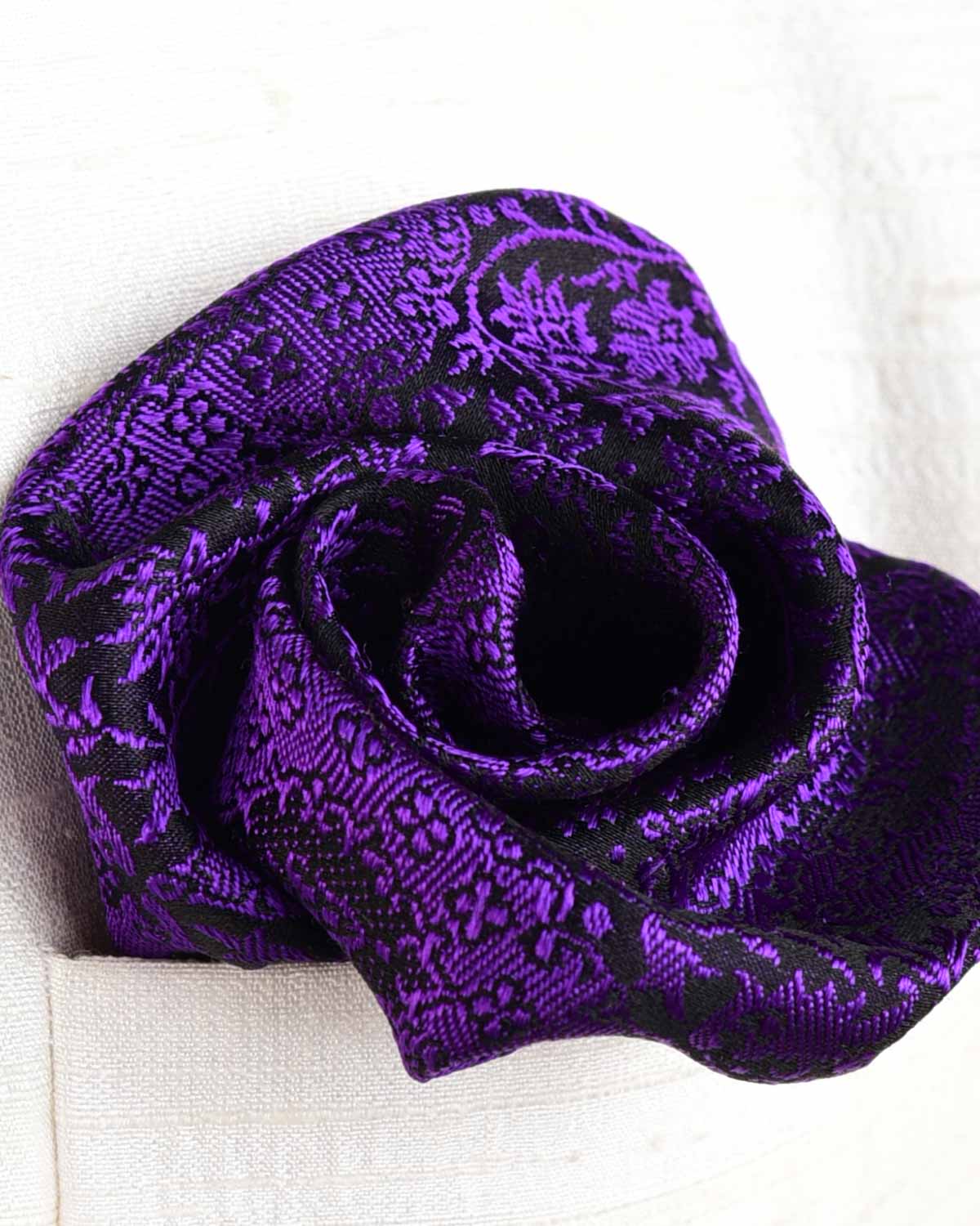 Purple Damask Tanchoi Brocade Handwoven Silk Pocket Square for Men with Scallop Hand-Hemming-HolyWeaves