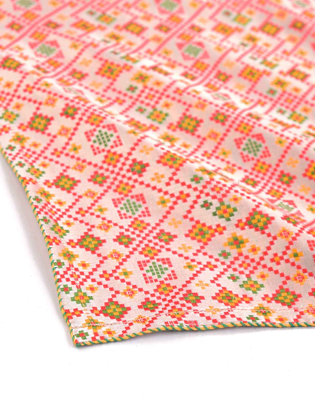 Multi-color Beige Traditional Satin Tanchoi Handwoven Silk Pocket Square for Men with Spiral Hand-Hemming-HolyWeaves