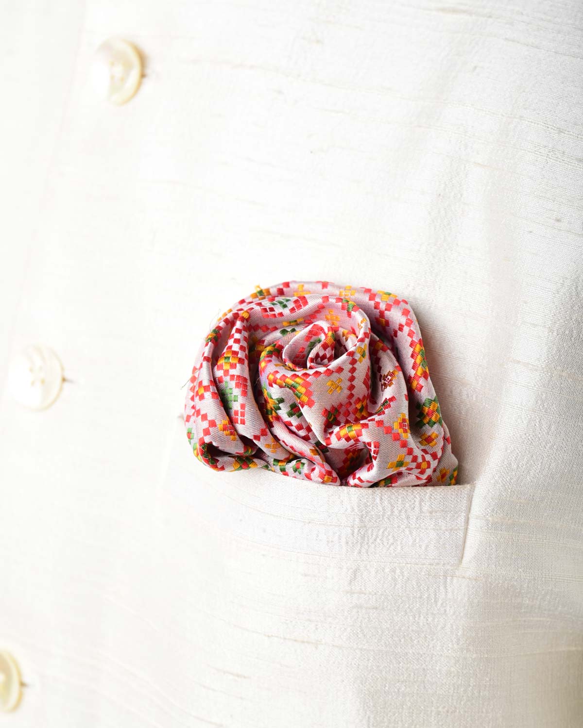 Multi-color Beige Traditional Satin Tanchoi Handwoven Silk Pocket Square for Men with Spiral Hand-Hemming-HolyWeaves