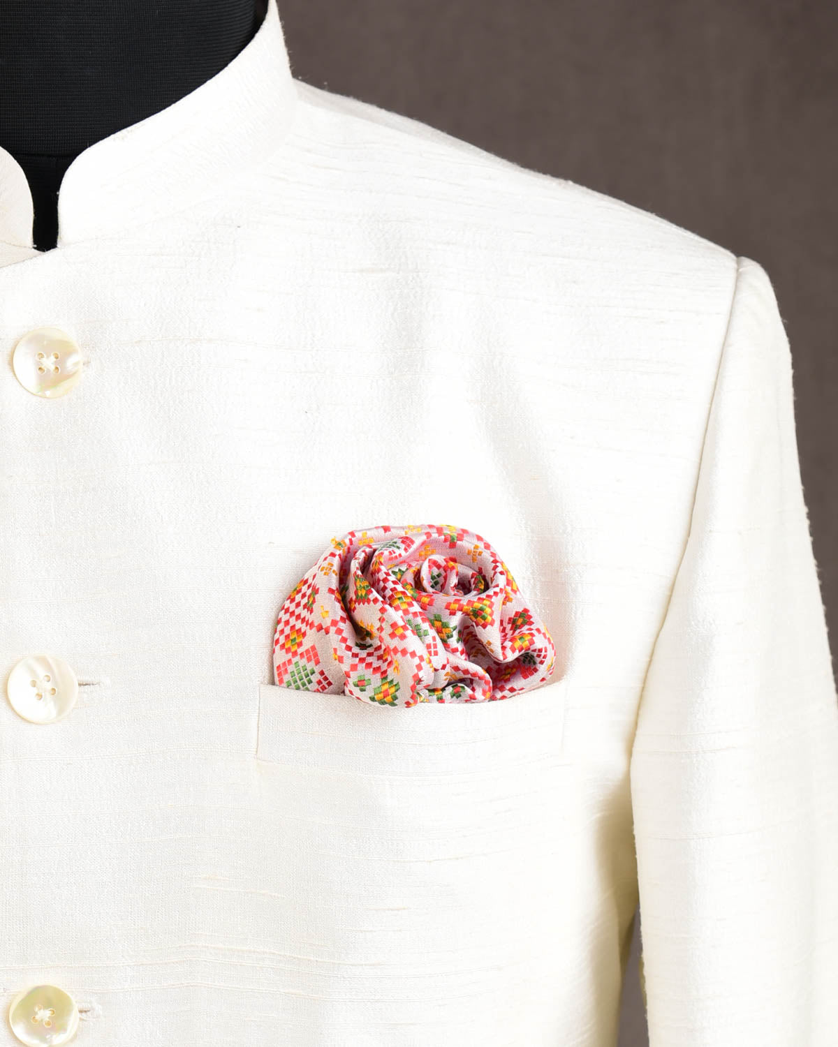 Multi-color Beige Traditional Satin Tanchoi Handwoven Silk Pocket Square for Men with Spiral Hand-Hemming-HolyWeaves