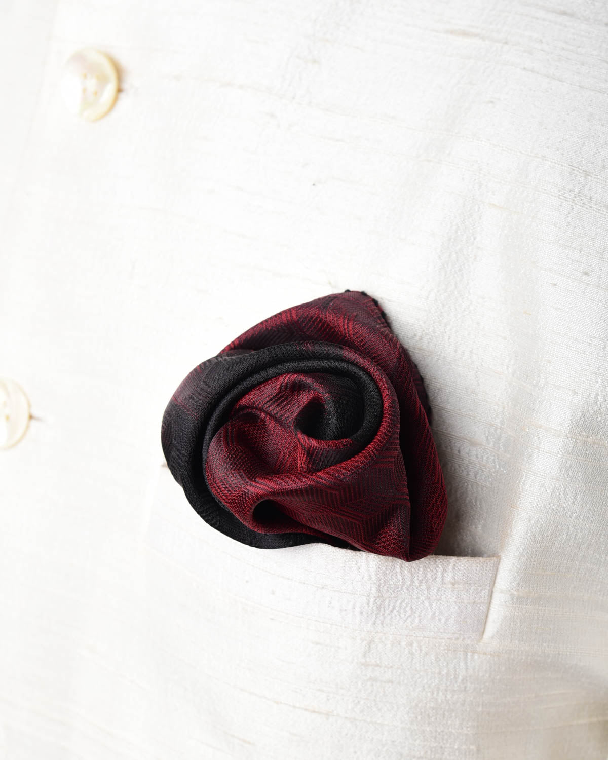 Ombre Black-Maroon Hexagon Tanchoi Brocade Handwoven Silk Pocket Square for Men with Spiral Hand-Hemming-HolyWeaves