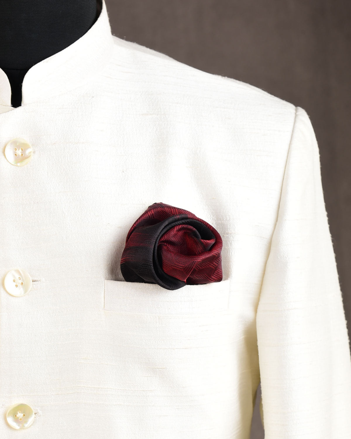 Ombre Black-Maroon Hexagon Tanchoi Brocade Handwoven Silk Pocket Square for Men with Spiral Hand-Hemming-HolyWeaves