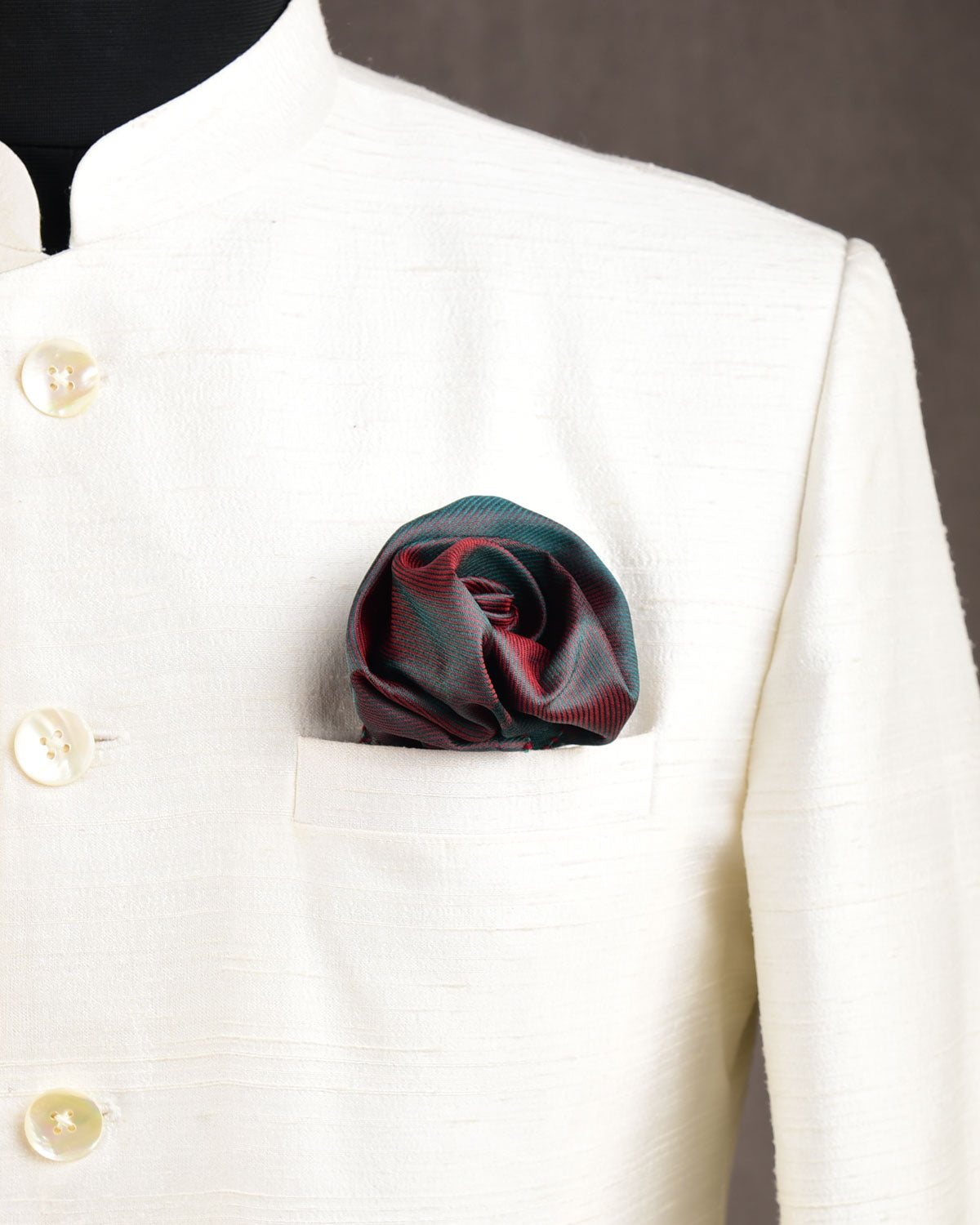 Ombre Green-Red Drill Tanchoi Brocade Handwoven Silk Pocket Square for Men with Spiral Hand-Hemming-HolyWeaves