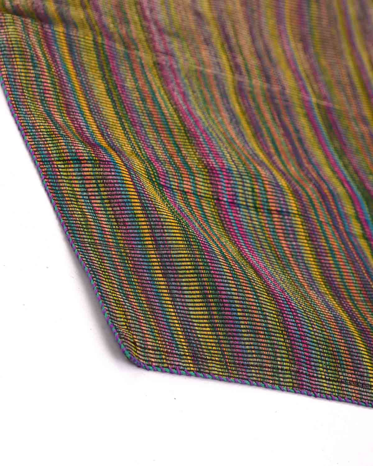 Varigated Multi-color Zari Stripes Tanchoi Brocade Handwoven Silk Pocket Square for Men with Spiral Hand-Hemming-HolyWeaves