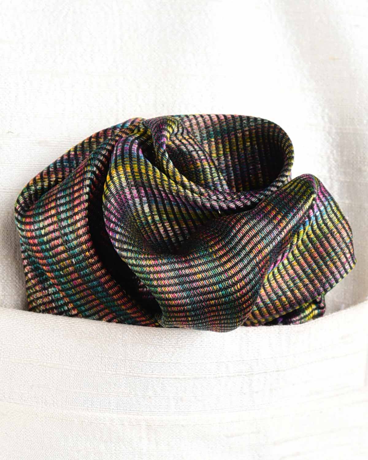 Varigated Multi-color Zari Stripes Tanchoi Brocade Handwoven Silk Pocket Square for Men with Spiral Hand-Hemming-HolyWeaves