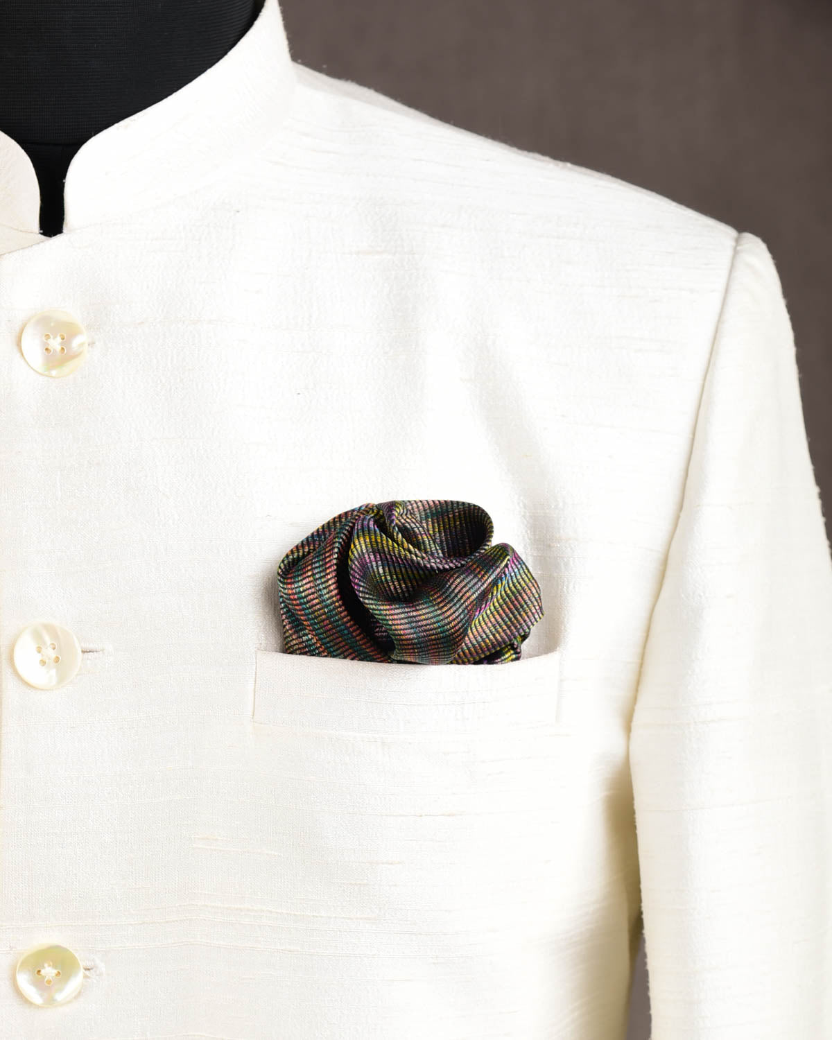 Varigated Multi-color Zari Stripes Tanchoi Brocade Handwoven Silk Pocket Square for Men with Spiral Hand-Hemming-HolyWeaves