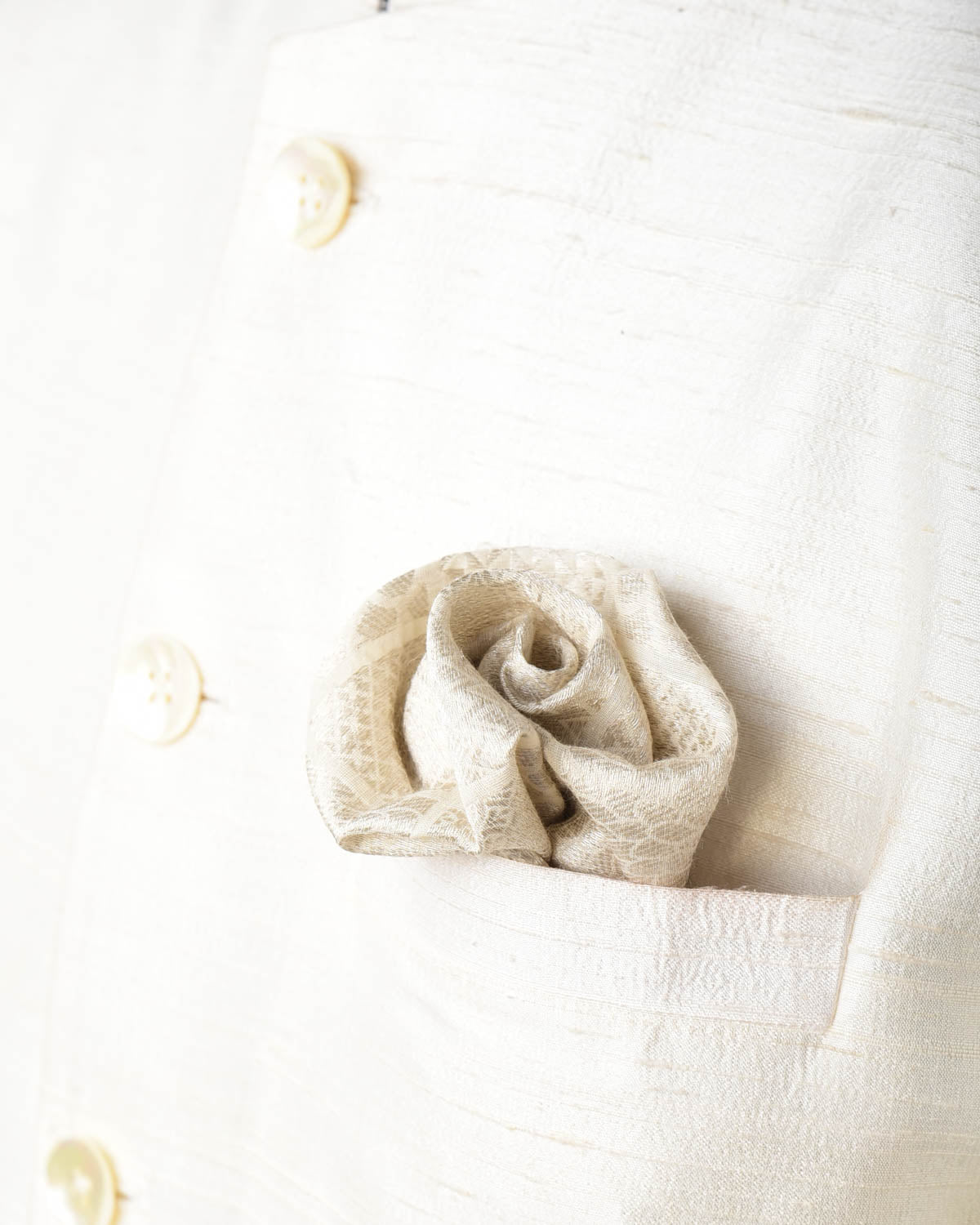 Ivory White Silver Zari Brocade Handwoven Cotton Silk Pocket Square for Men with Spiral Hand-Hemming-HolyWeaves