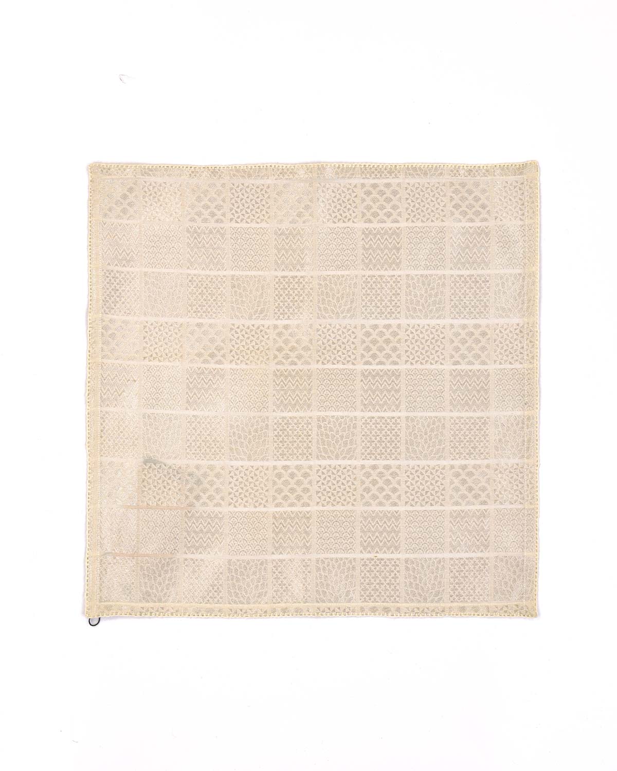 Ivory White Silver Zari Brocade Handwoven Cotton Silk Pocket Square for Men with Spiral Hand-Hemming-HolyWeaves