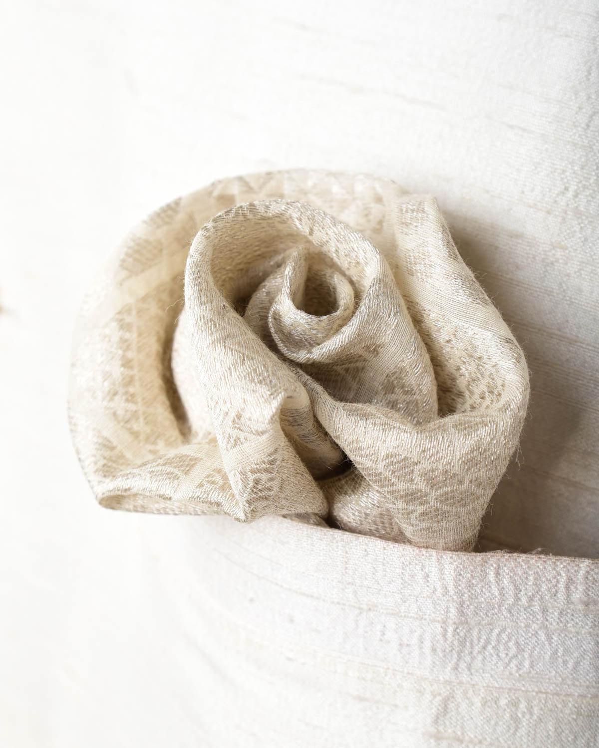 Ivory White Silver Zari Brocade Handwoven Cotton Silk Pocket Square for Men with Spiral Hand-Hemming-HolyWeaves