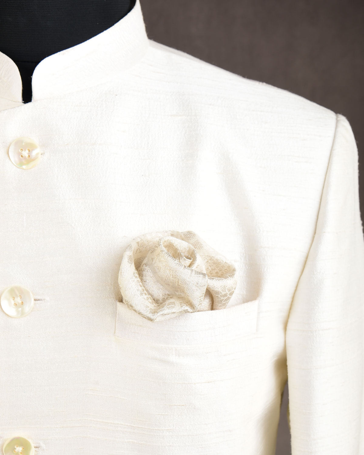 Ivory White Silver Zari Brocade Handwoven Cotton Silk Pocket Square for Men with Spiral Hand-Hemming-HolyWeaves