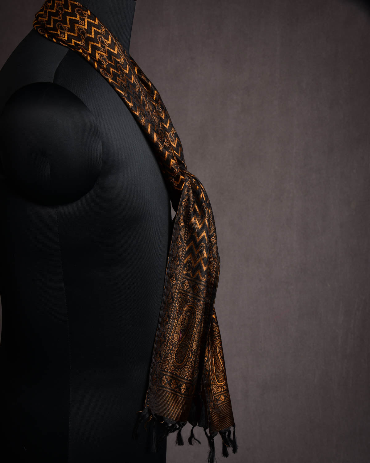 Black Jamawar Handwoven Katan Silk Scarf 72"x10"-HolyWeaves