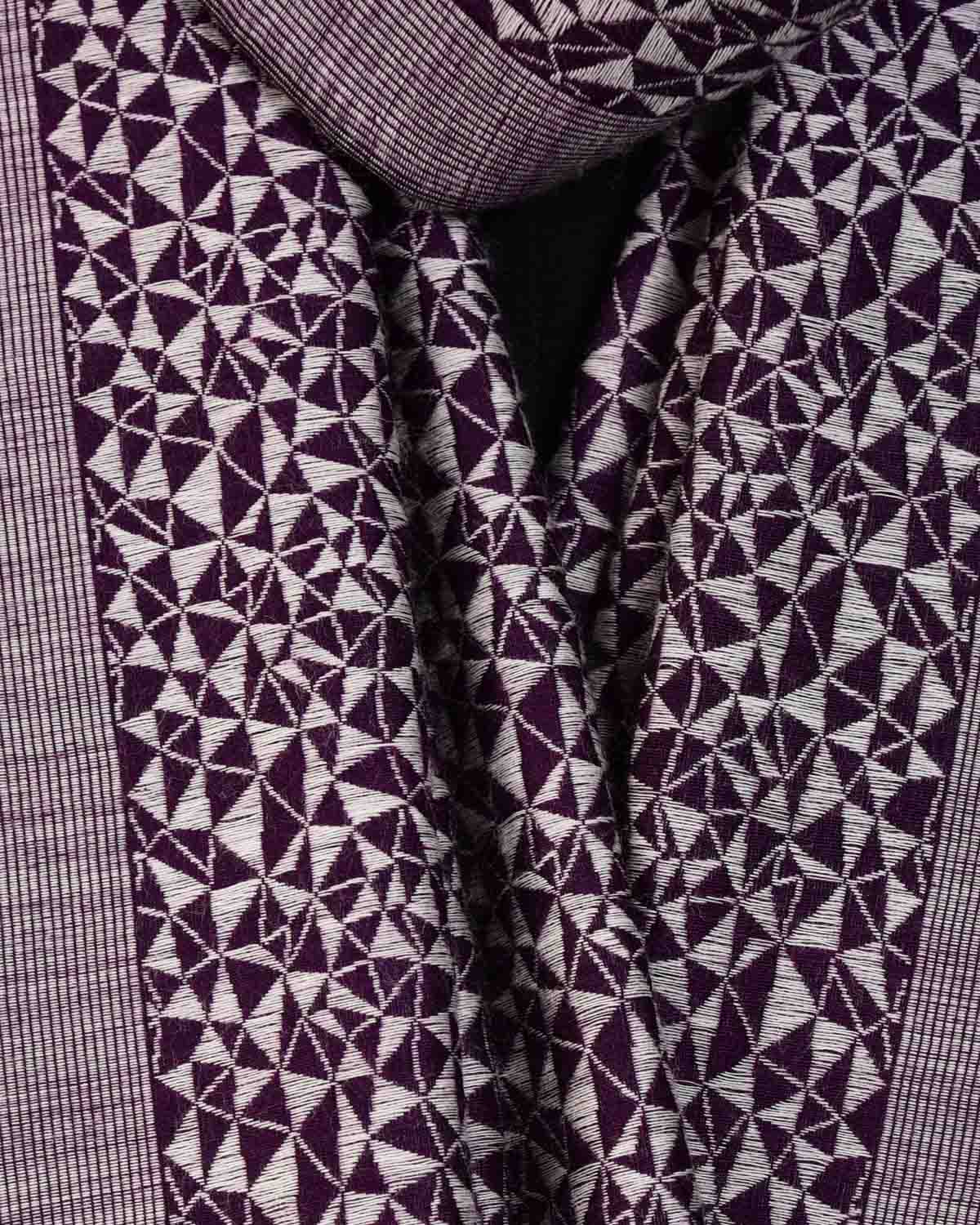 Purple Banarasi Random Traingles Tanchoi Silk-Wool Scarf 75"x21" - By HolyWeaves, Benares
