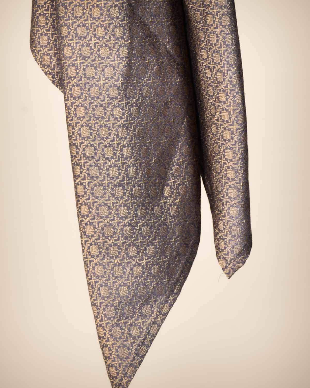 Gray Gold Zari Brocade Handwoven Muga Silk Scarf 38"x38" - By HolyWeaves, Benares