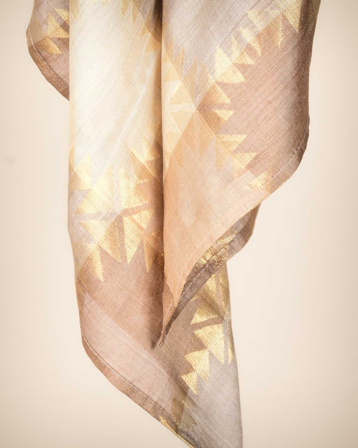 Beige Gold Zari Chequered Brocade Handwoven Muga Silk Scarf 37"x37" - By HolyWeaves, Benares