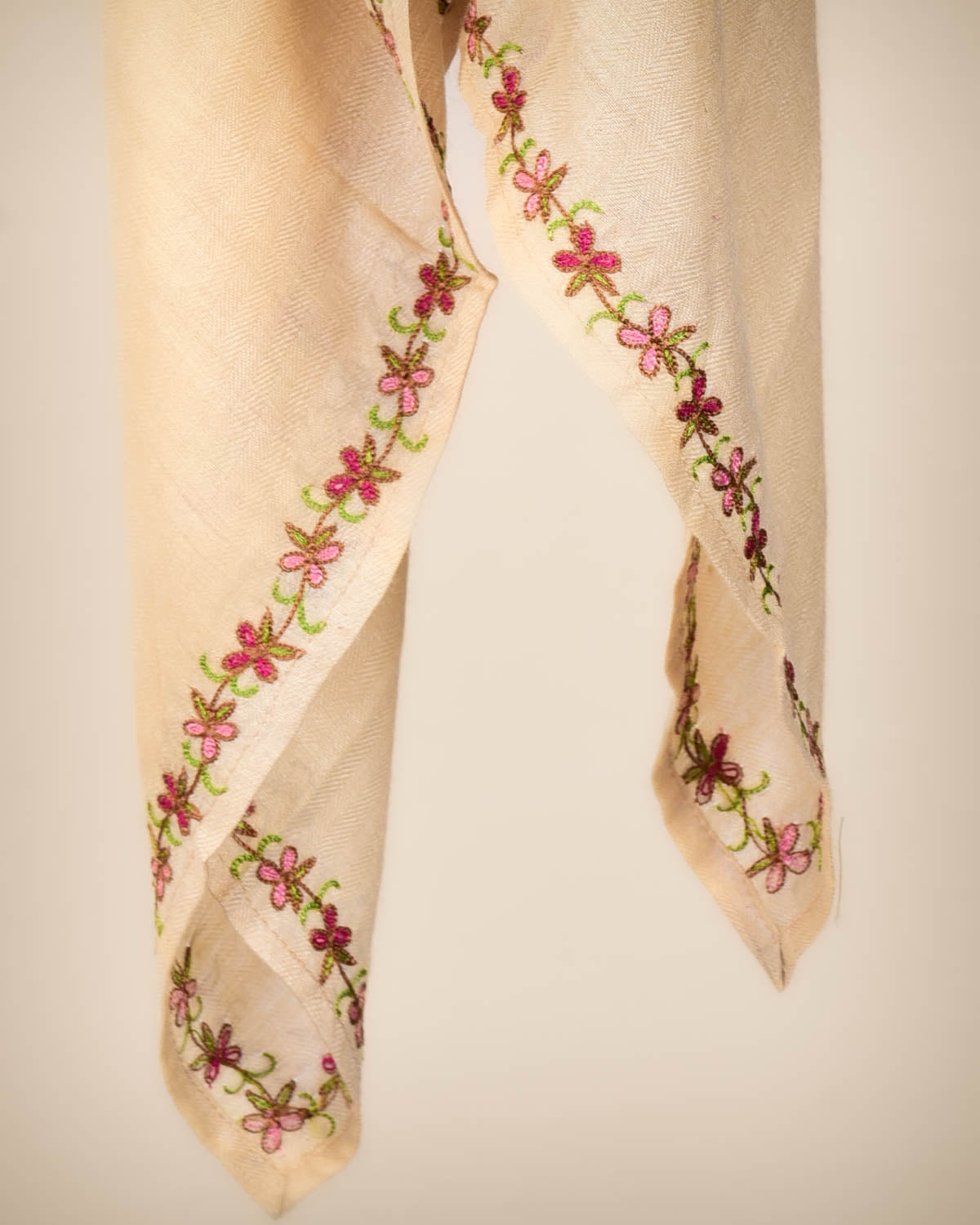 Beige Hand-embroidered Handwoven Muga Silk Scarf 39"x39" - By HolyWeaves, Benares