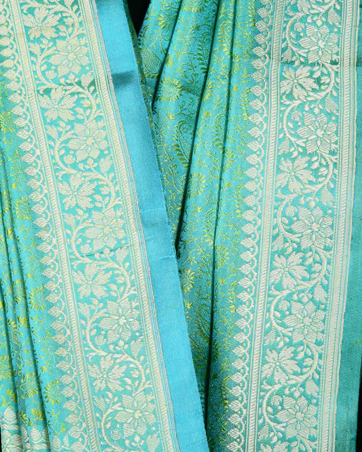 Shot Blue-Green Banarasi Tanchoi Handwoven Silk Scarf 75"x21" - By HolyWeaves, Benares