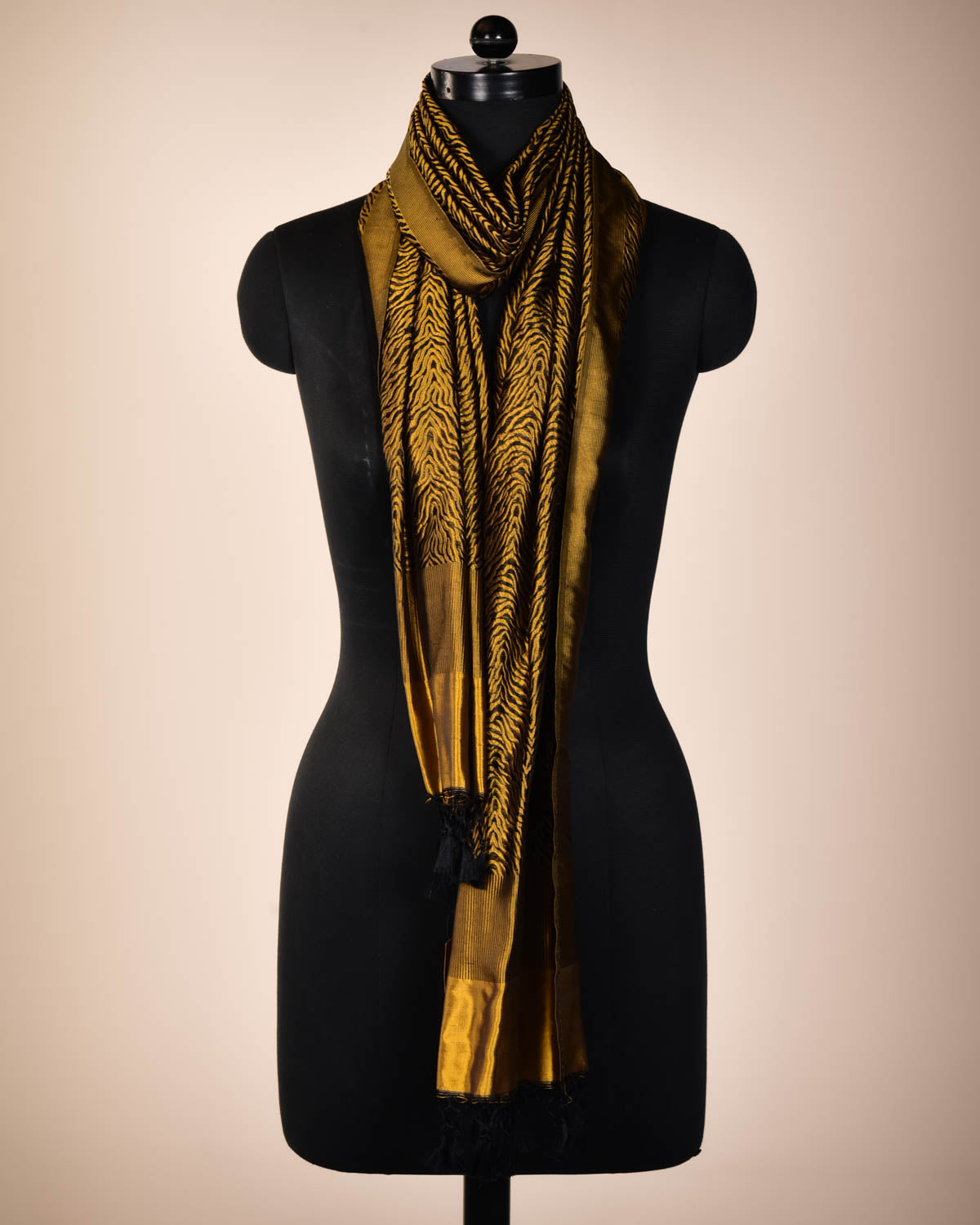 Black & Yellow Banarasi Resham "Tigress" Stripes Brocade Handwoven Katan Silk Scarf 75"x21" - By HolyWeaves, Benares