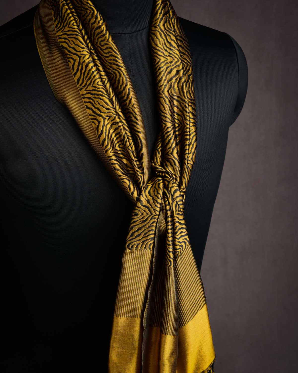 Black & Yellow Banarasi Resham "Tigress" Stripes Brocade Handwoven Unisex Silk Scarf 75"x21"-HolyWeaves