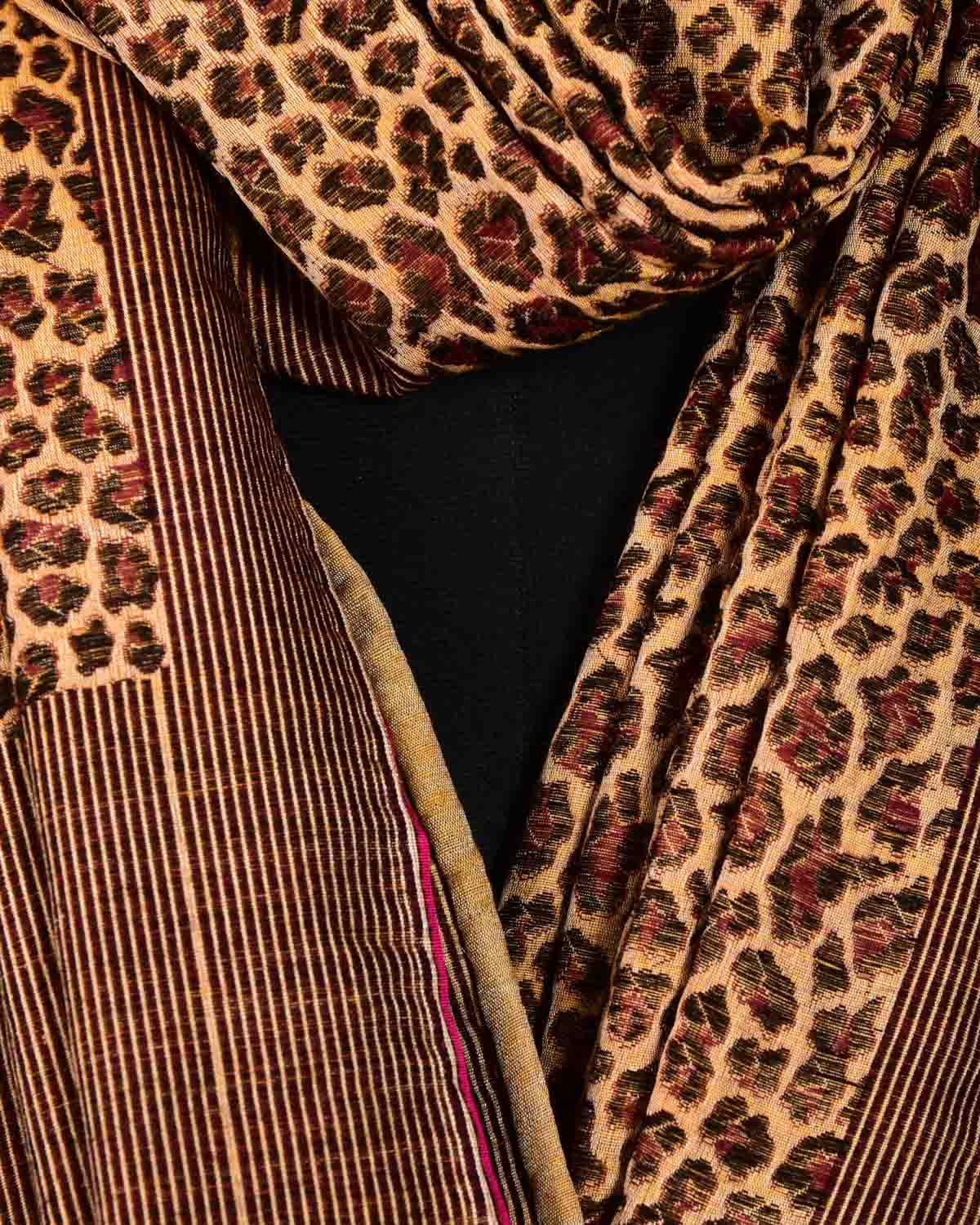 Mustard Yellow Banarasi Leopard Stripes Brocade Handwoven Silk Wool Scarf 75"x21" - By HolyWeaves, Benares