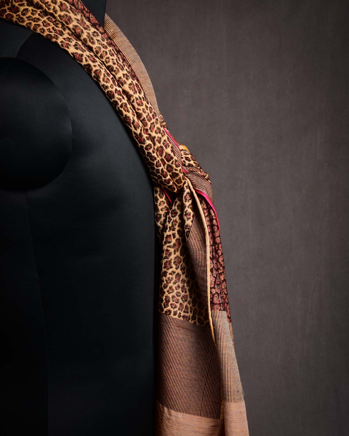 Mustard Yellow Banarasi Leopard Stripes Brocade Handwoven Unisex Silk Wool Scarf 75"x21"-HolyWeaves