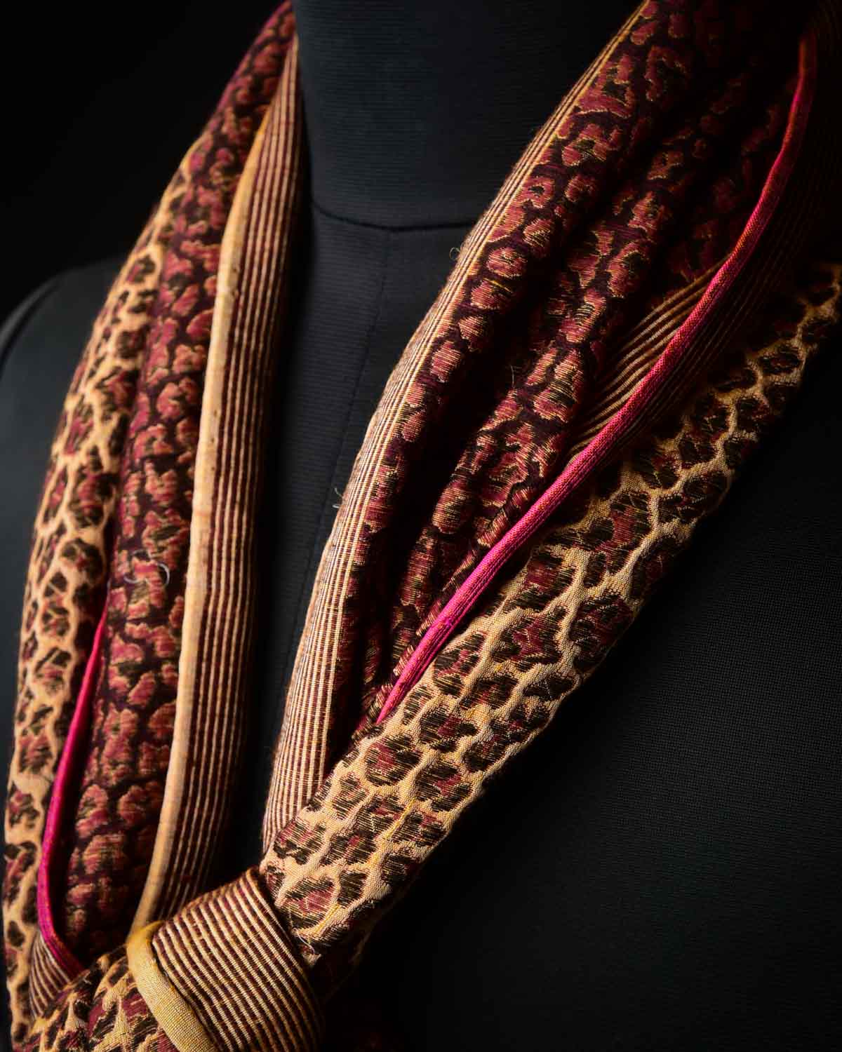 Mustard Yellow Banarasi Leopard Stripes Brocade Handwoven Unisex Silk Wool Scarf 75"x21"-HolyWeaves