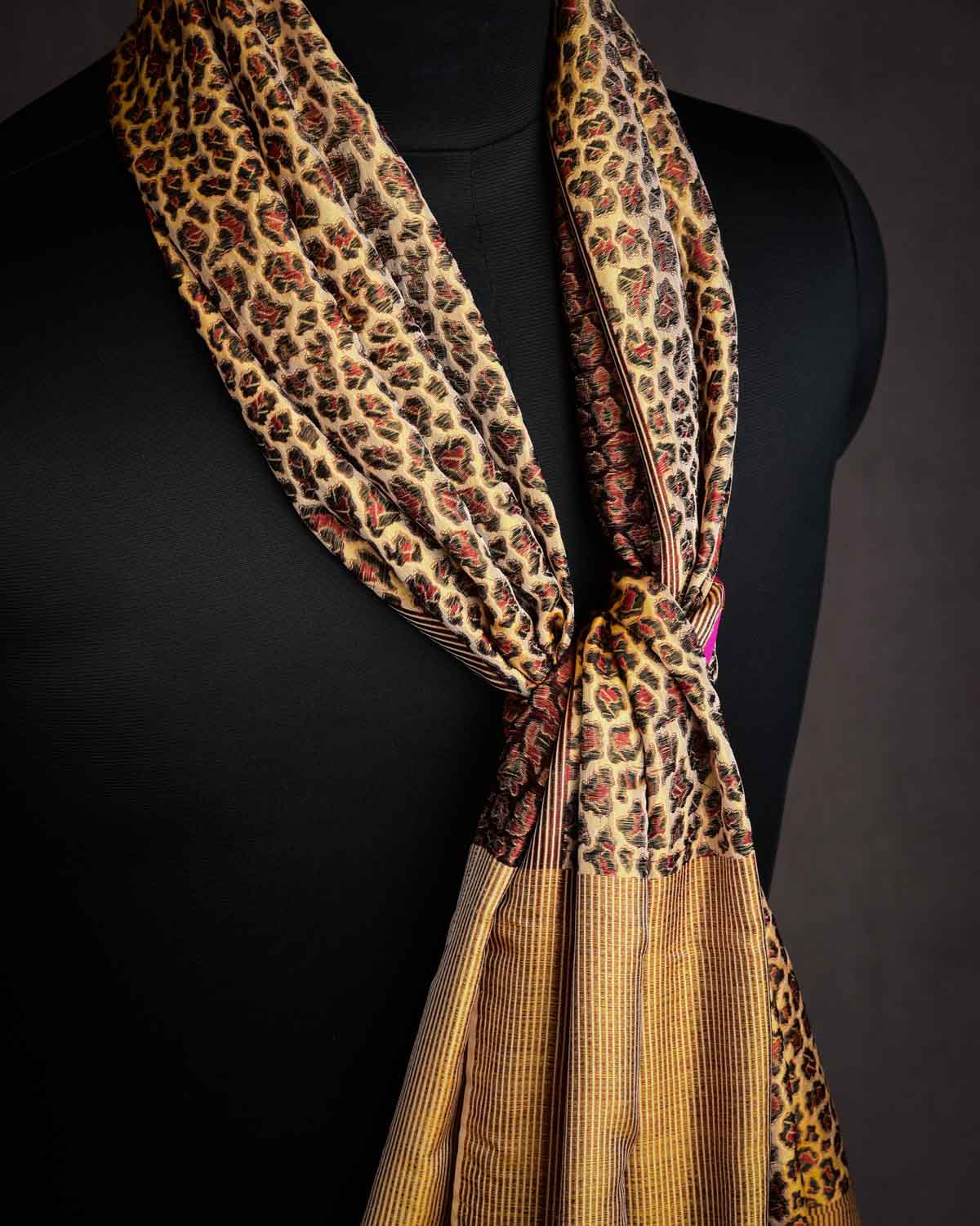 Mustard Yellow Banarasi Leopard Stripes Brocade Handwoven Unisex Silk Scarf 75"x21"