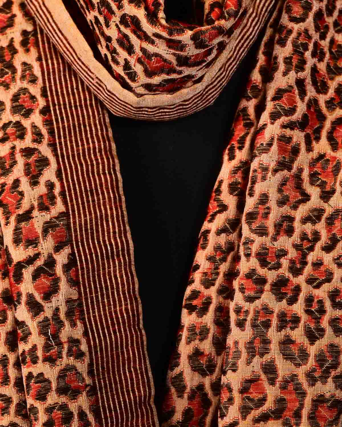 Mustard Yellow Banarasi Leopard Stripes Brocade Handwoven Silk-Wool Scarf 78"x10" - By HolyWeaves, Benares