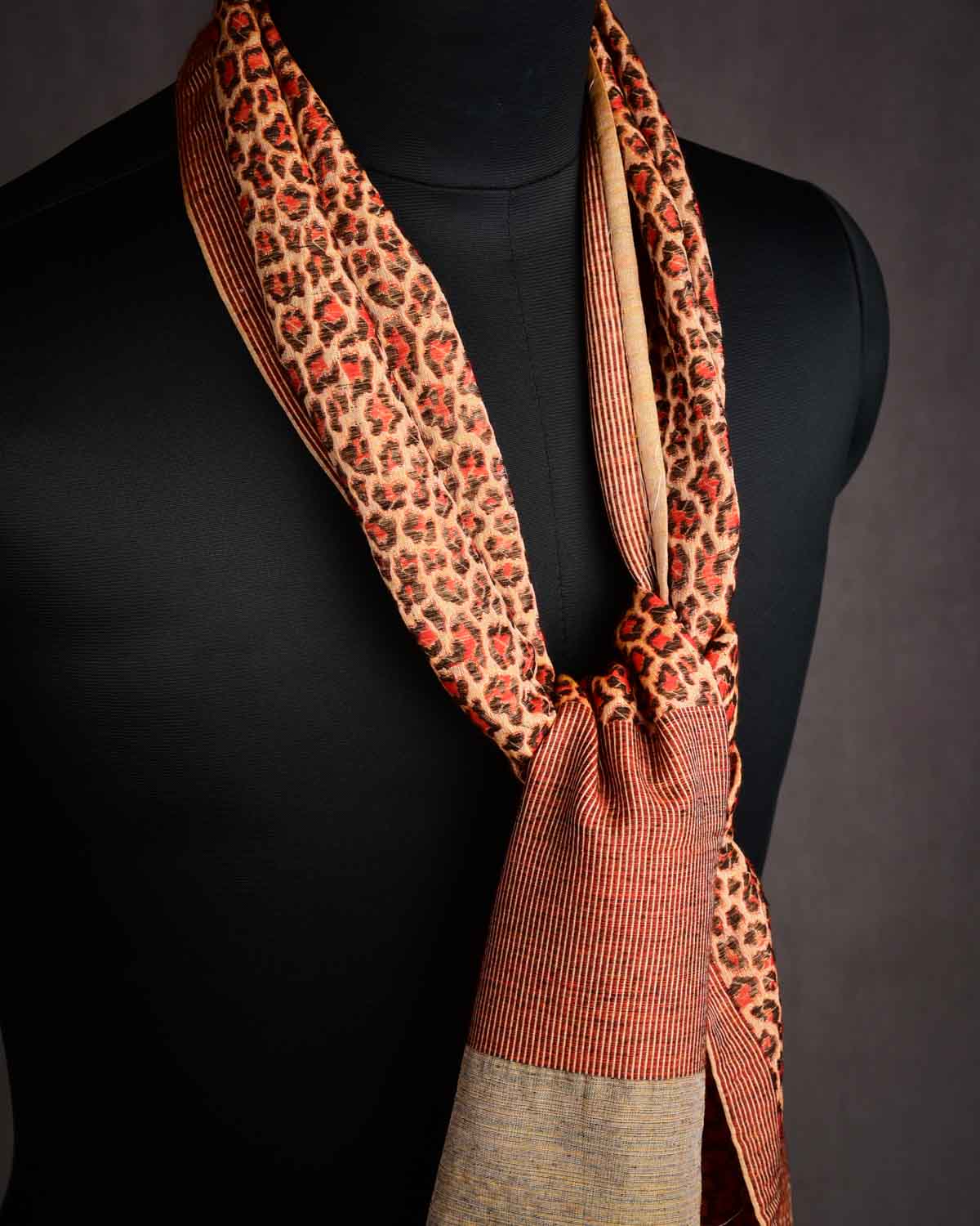Mustard Yellow Banarasi Leopard Stripes Brocade Handwoven Unisex Silk-Wool Scarf 78"x10"-HolyWeaves