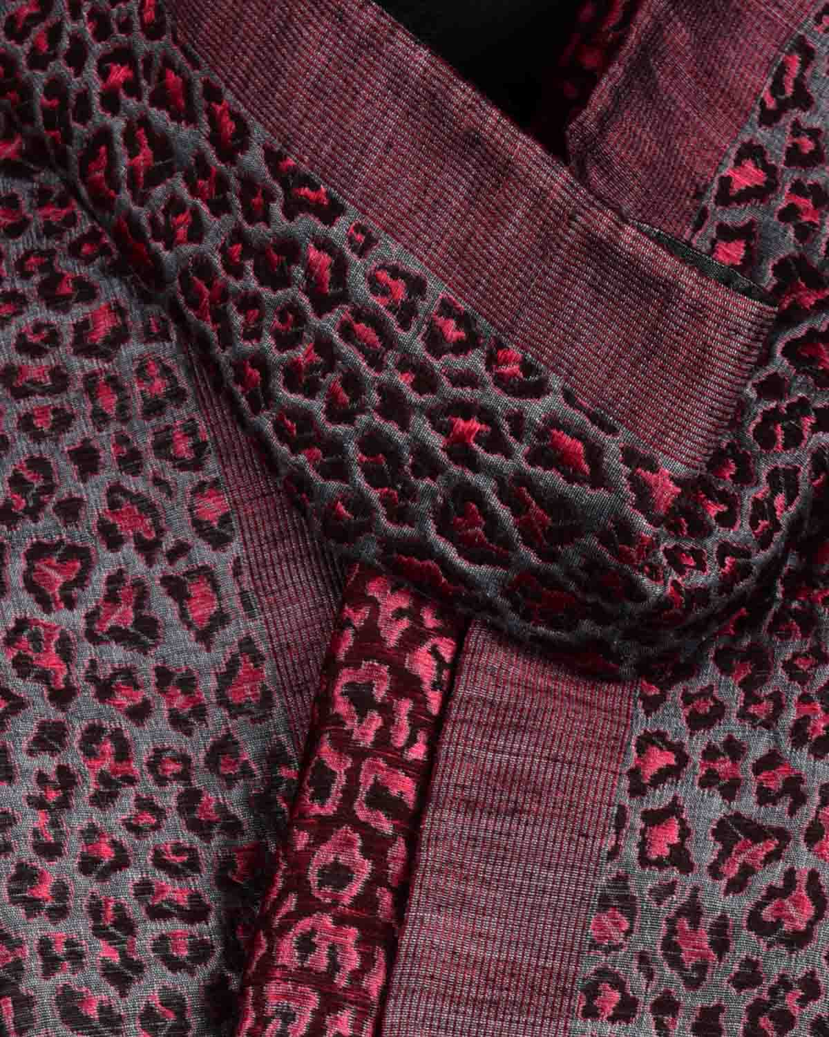 Gray Banarasi Leopard Stripes Brocade Handwoven Silk Wool Scarf 78"x10"-HolyWeaves