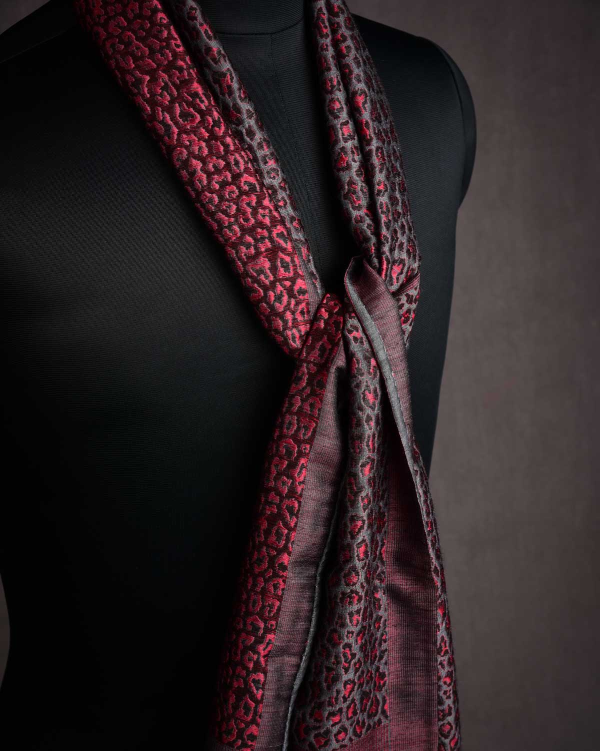 Gray Banarasi Leopard Stripes Brocade Handwoven Unisex Silk Wool Scarf 78"x10"-HolyWeaves
